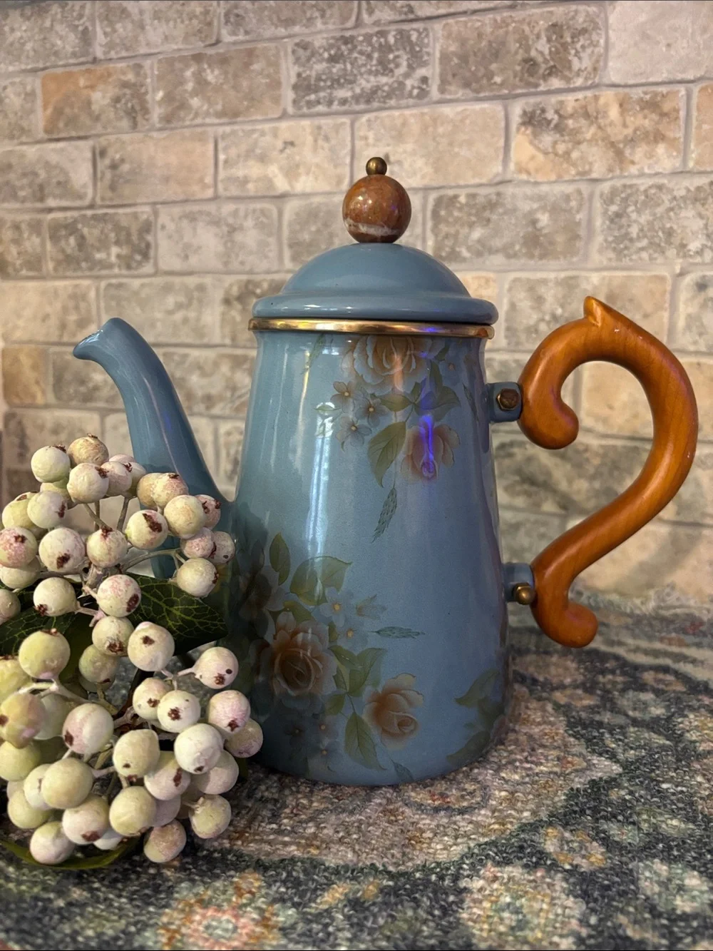 Camp Mackenzie-Childs enamel Blue Floral Teapot with decorative  wooden handle.